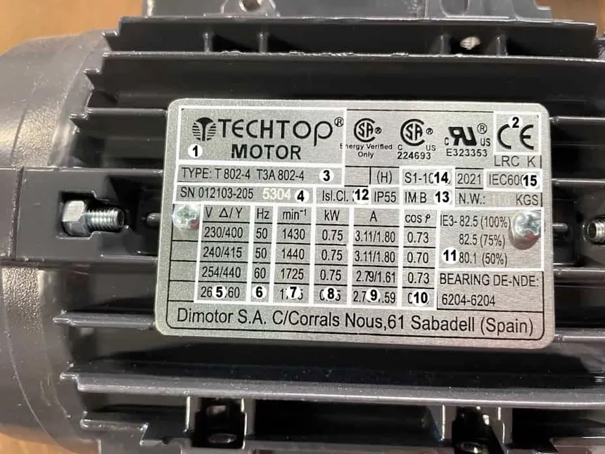 Plaque signalétique moteur électrique TECHTOP T 802-4
